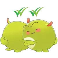 two green cartoon characters are hugging each other with two check marks above them