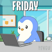 a penguin is sitting at a desk using a laptop with the words friday written above it