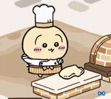 a cartoon character in a chef 's hat kneading dough on a table