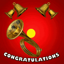 a congratulations greeting card with a trumpet and bells
