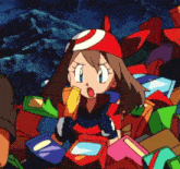 a girl in a red and white hat is surrounded by a pile of boxes