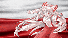 a drawing of a girl with white hair and red bows