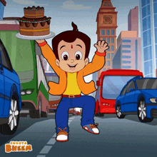 a cartoon character from chhota bheem holding a cake