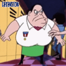 a cartoon character has the word detention on the bottom
