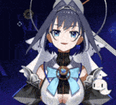 a girl with a bow on her neck is holding a ghost