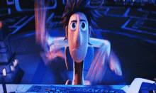 a cartoon character is sitting at a desk with a keyboard in front of him