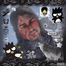 a man with blood on his face is surrounded by penguins and a wolf with a speech bubble saying rawr