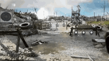 a painting of a shooting range with targets and a gun