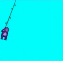 a purple gorilla is standing on a blue background and looking at the camera .