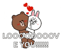 a brown bear and a white rabbit are standing next to each other and the rabbit says " e you "