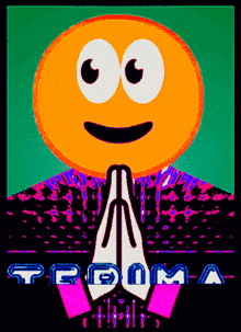 a smiley face with a praying gesture and the word trauma in the background