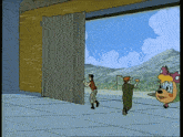 a cartoon shows a man and a woman standing in front of a sliding door