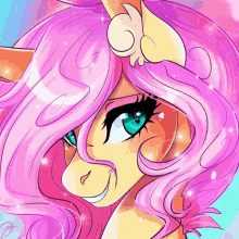 a drawing of a pony with pink hair and green eyes