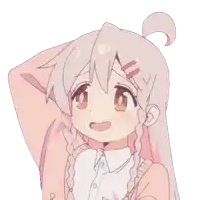 a girl with white hair and orange eyes is wearing a pink sweater and a white shirt .