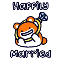 a cartoon of a teddy bear holding a diamond ring and the words happily married below it