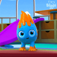 a cartoon character named blippi is standing in a room with a slide in the background