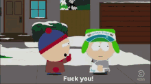 two south park characters are standing on a sidewalk and one has a sign that says " fuck you " on it