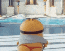 a minion wearing sunglasses and a red thong is standing in front of a swimming pool