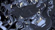 a cartoon drawing of a woman surrounded by monsters and a skull