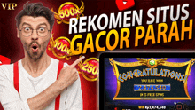 a man points to a screen that says congratulations on it