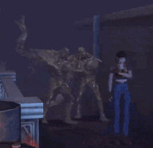 a group of people are standing in a dark room with a monster in the background