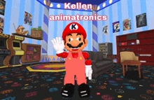a video game character is standing in a room with the name kellen animatronics