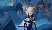 a character from a video game is standing in front of a city at night