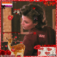a picture of a girl with a deer and hearts and the words " i still don 't know her " on the back