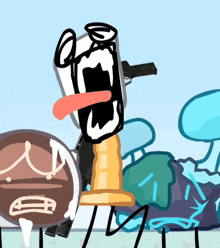 a cartoon drawing of a person holding a gun and a trophy with a tongue sticking out