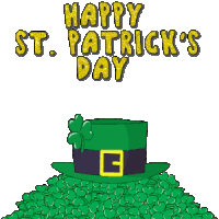 a penguin wearing a leprechaun hat is standing in a pile of shamrocks and says happy st. patrick 's
