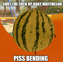 a watermelon with the words shut the fuck up baby watermelon piss bending above it