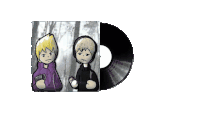 a drawing of two boys next to a record
