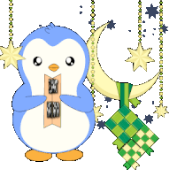 a penguin holds a sign that says selamat hari raya