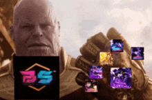 thanos is holding up his infinity gauntlet with the ps logo in the background