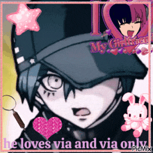 a picture of a boy with the words he loves via and via only on it
