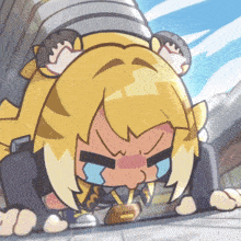 a cartoon character with yellow hair and a bucket on her head