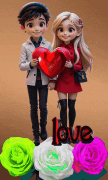 a boy and a girl are holding a red heart with the word love on the bottom