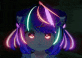 a close up of a girl 's face with glowing hair and red eyes
