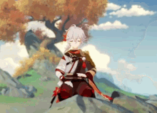 a boy is kneeling down on a rock in a video game .