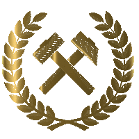 a laurel wreath with two crossed hammers in the center