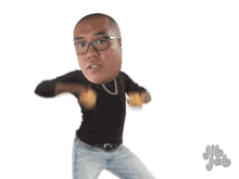 a man with glasses and a necklace has a jib jab logo on the bottom right