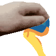a close up of a person 's hand with a blue and yellow ribbon coming out of it .