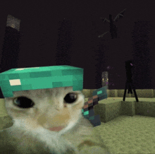 a cat is wearing a diamond helmet and holding a sword