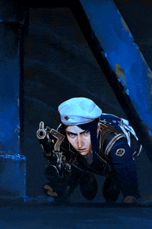 a woman in a white beret is holding a gun in her hand