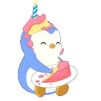 a penguin with a birthday cake on its head