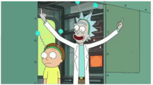 rick and morty are standing next to each other in a room and rick is giving a middle finger .