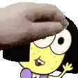 a person is petting a cartoon character 's face with their hand .