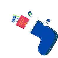 a cartoon illustration of a blue christmas stocking with a red book coming out of it