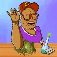 a cartoon drawing of a man wearing glasses and a peace sign hat