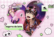 a picture of a boy with a flamingo and the words nagumo de latte on the bottom